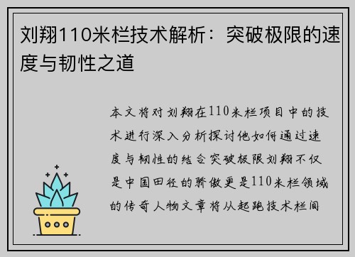 刘翔110米栏技术解析：突破极限的速度与韧性之道